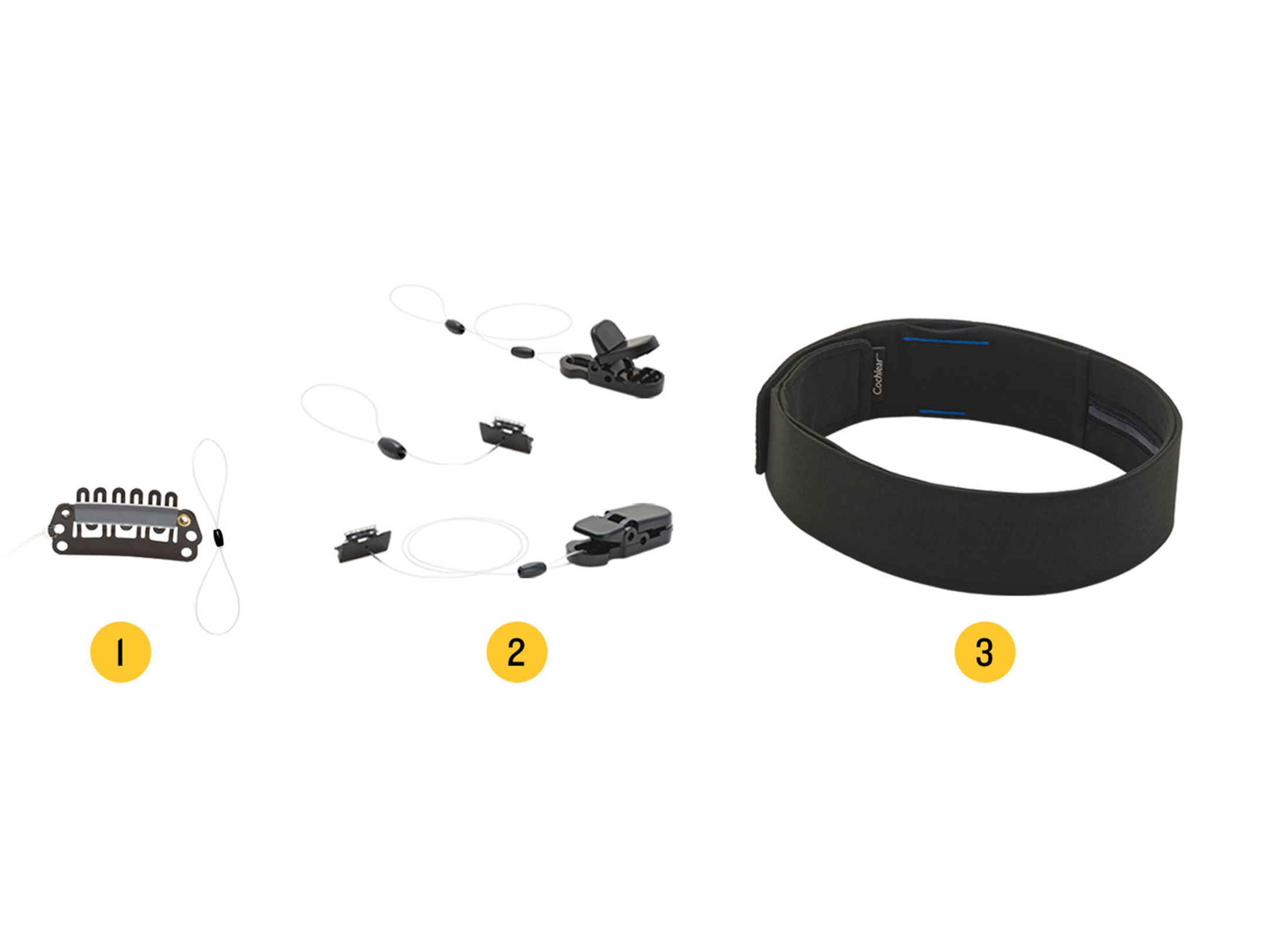 Image of the accessories for the Nucleus Kanso Sound Processor: 1. Alligator Clip with long safety line, 2. Hair Clip with short safety line