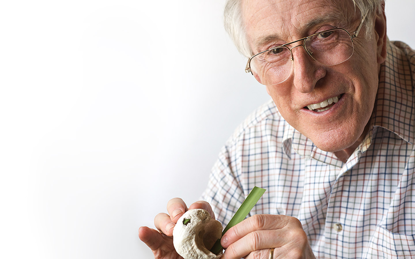 Profesor Graeme Clark memasukkan sehelai rumput ke dalam cangkang kerang