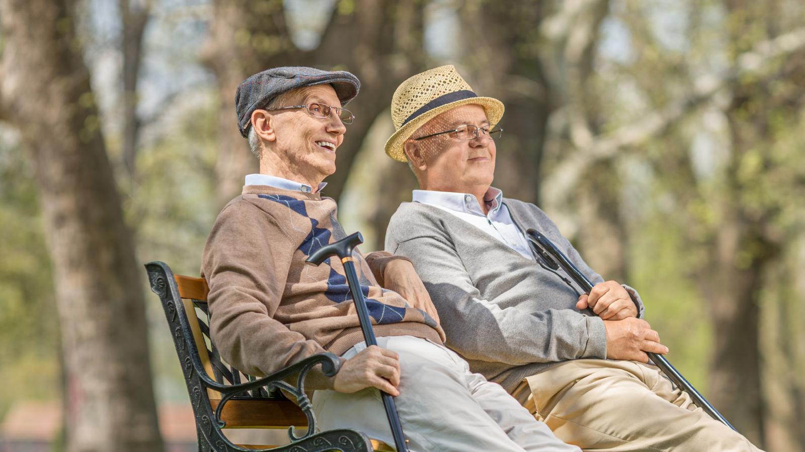 Två äldre män sitter på en parkbänk