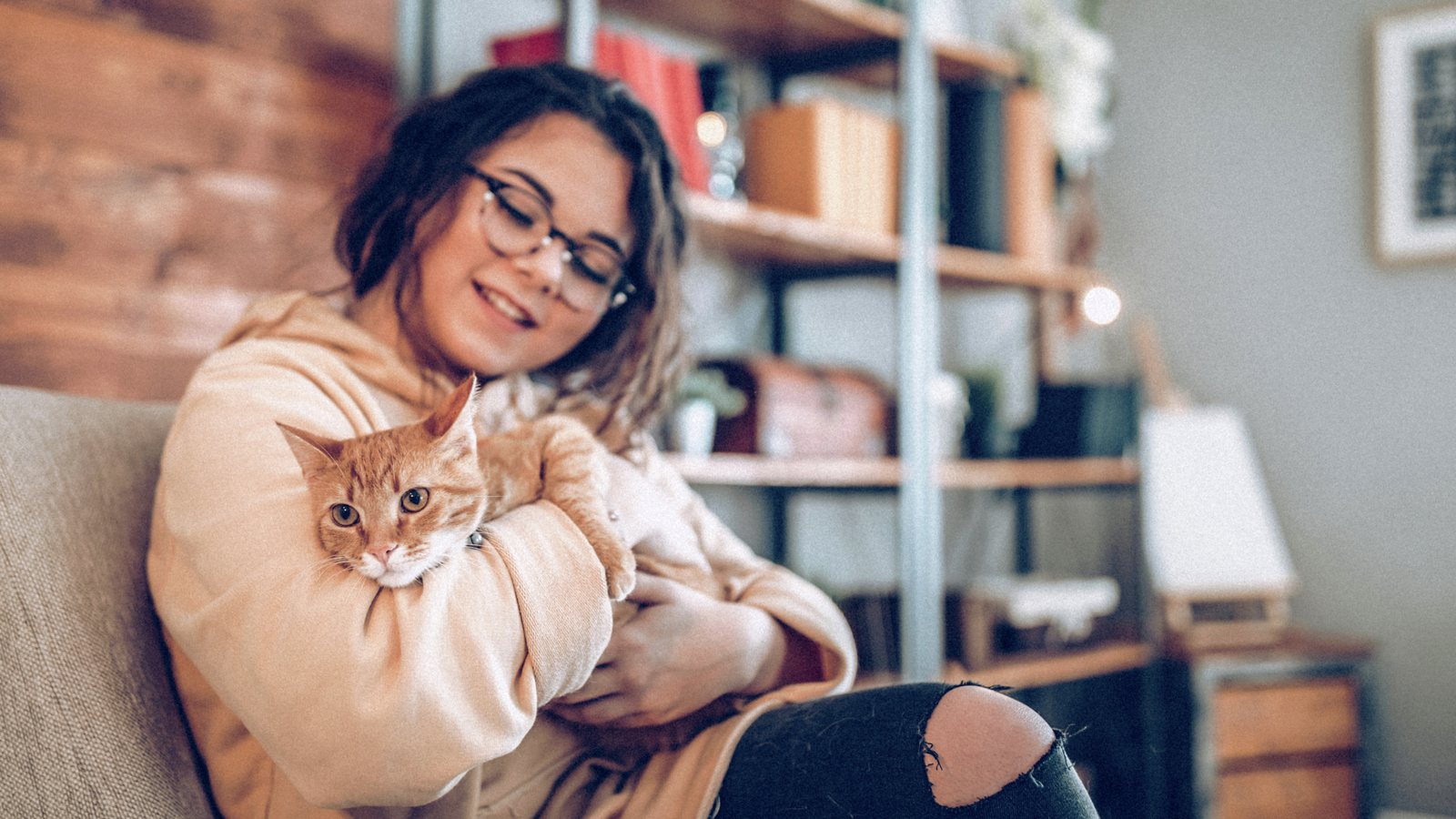 Girl with a cat sitting on a sofa