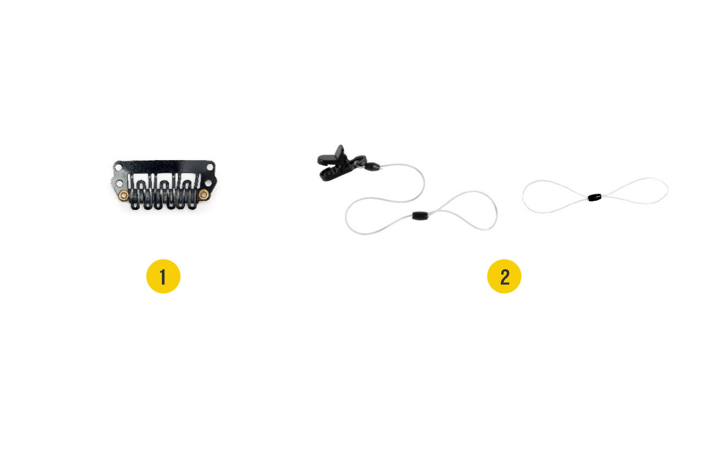 Nucleus Kanso 聲音處理器配件圖像：1. 配備鱷魚夾的長安全線，2。配備髮夾的短安全線