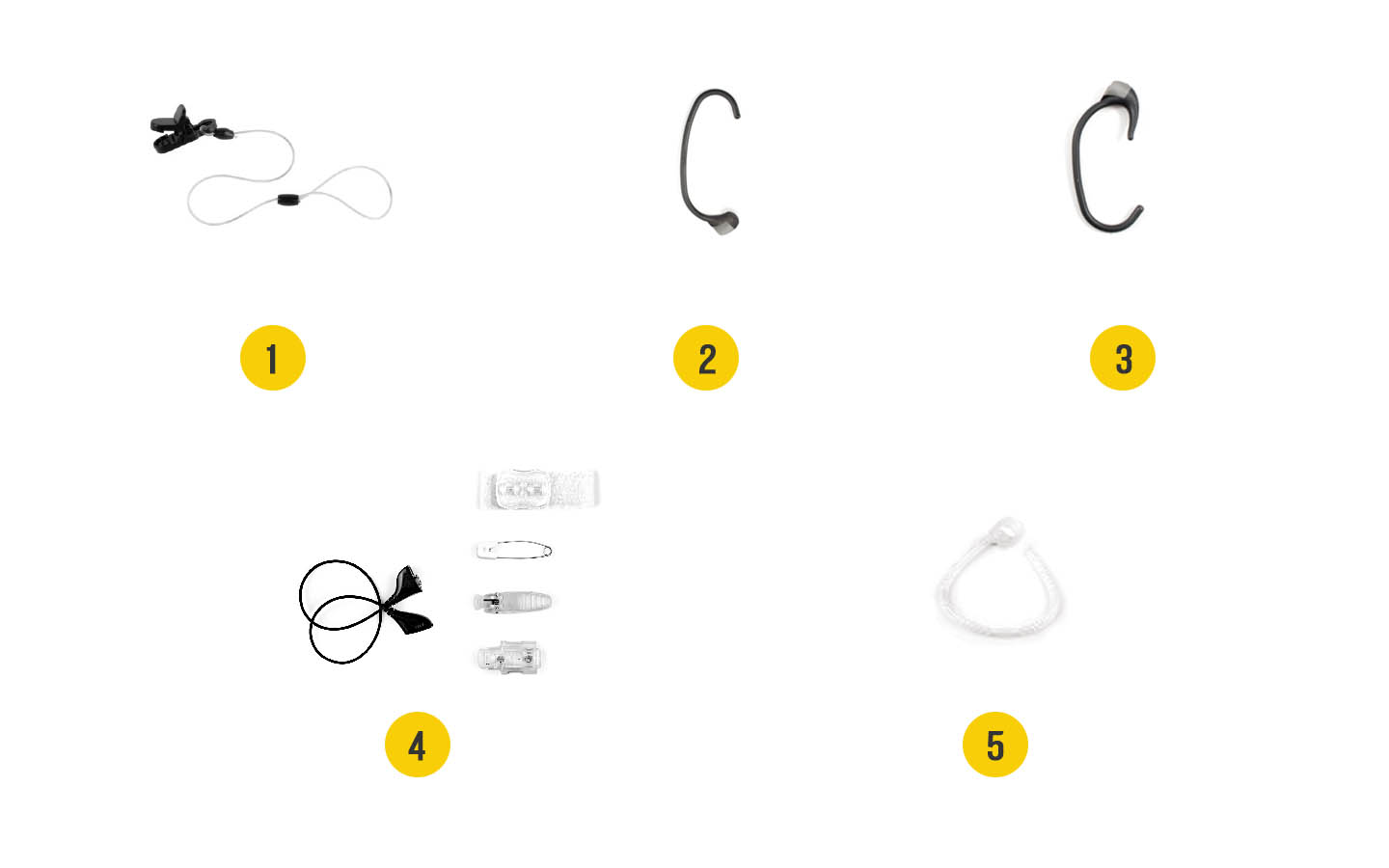 Image des accessoires du processeur Baha : 1. Pince crocodile avec cordon de sécurité long, 2. Corne d’oreille+, 3. Snugfit, 4. LiteWear, 5. Mic Lock