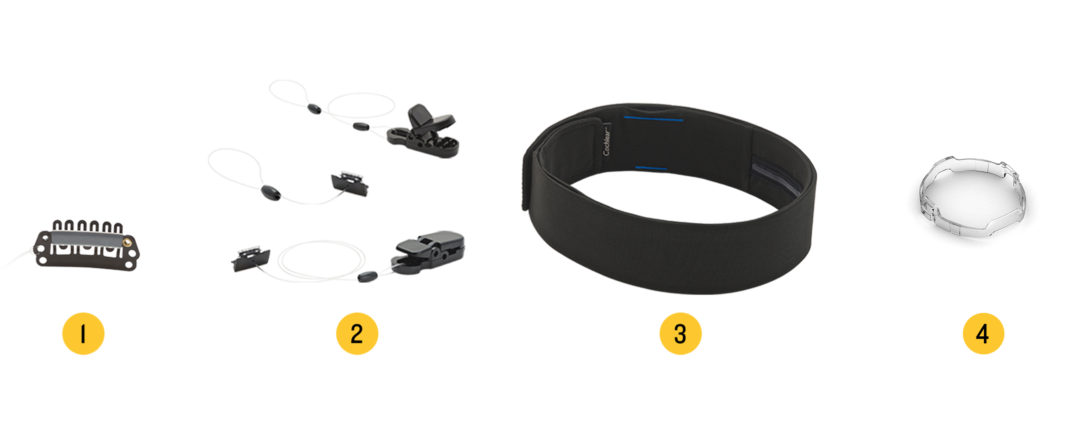 Image des accessoires du processeur de son Nucleus Kanso : 1. Pince crocodile avec cordon de sécurité long, 2. Court cordon de sécurité avec pince à cheveux