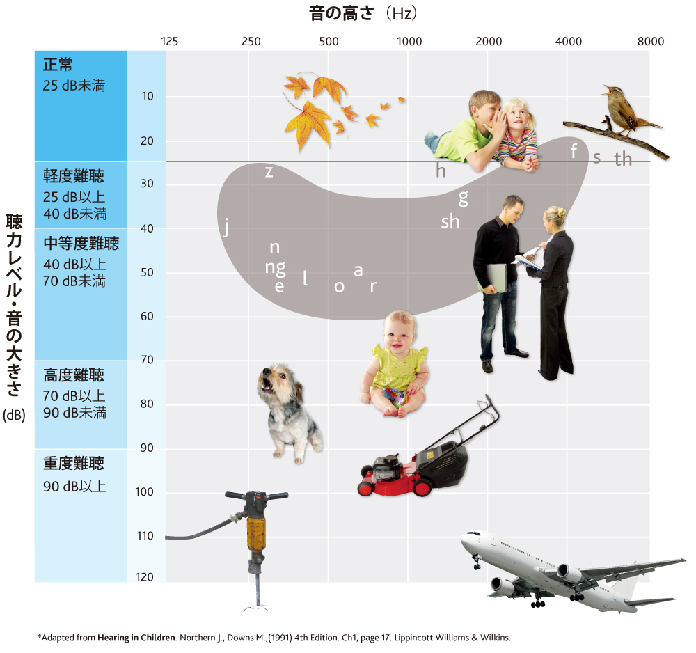 難聴の程度に応じて聴こえるものを示した図